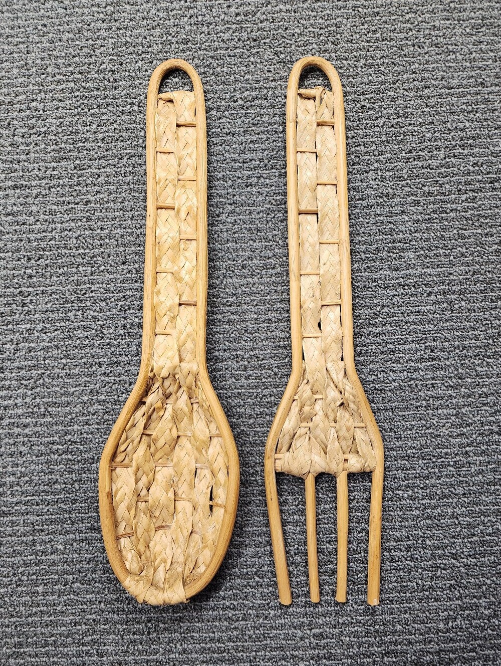 Vintage Wicker & Bamboo Large Fork and Spoon Wall Decor Set